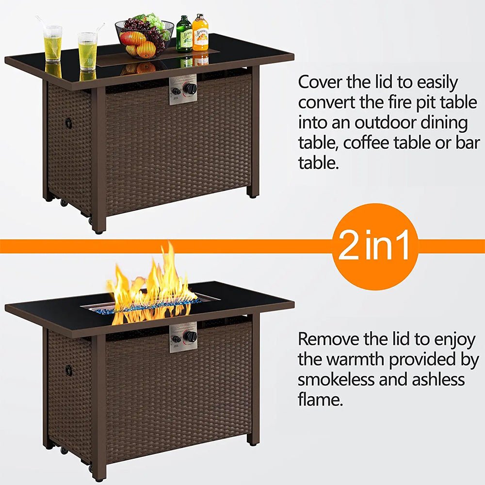 Multifunctional fire pit table with lid removed to reveal flame, and covered with a glass top.