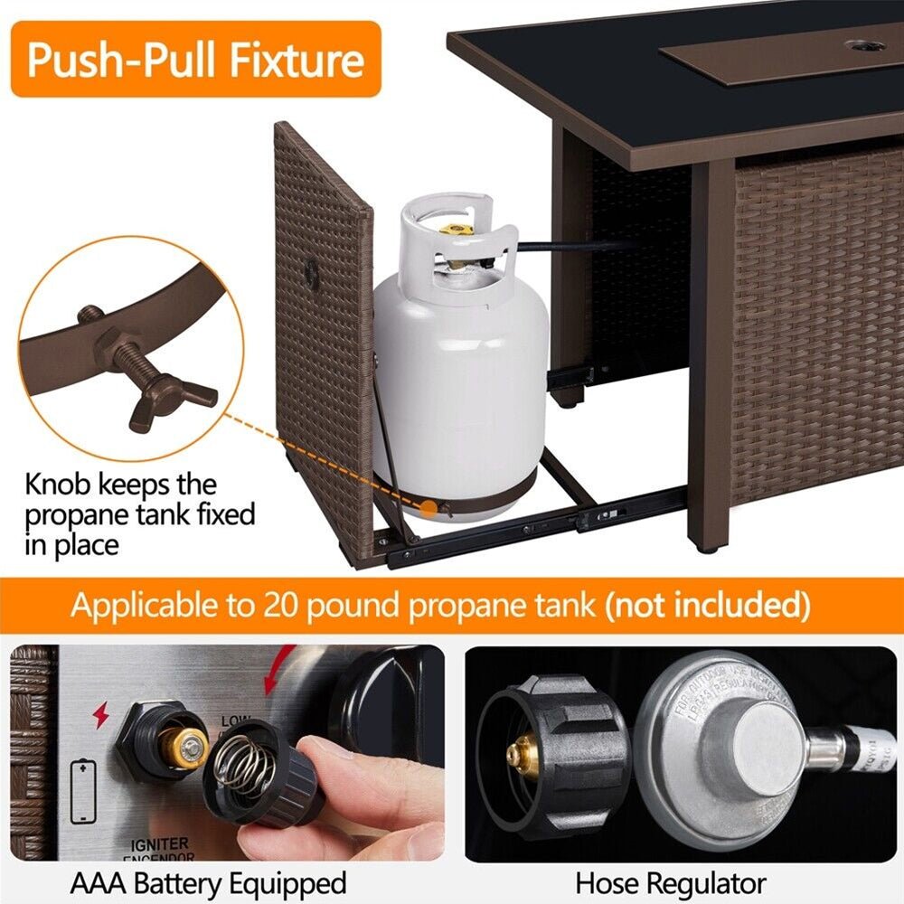 Push-pull fixture with propane tank and AAA battery-equipped components on a white background