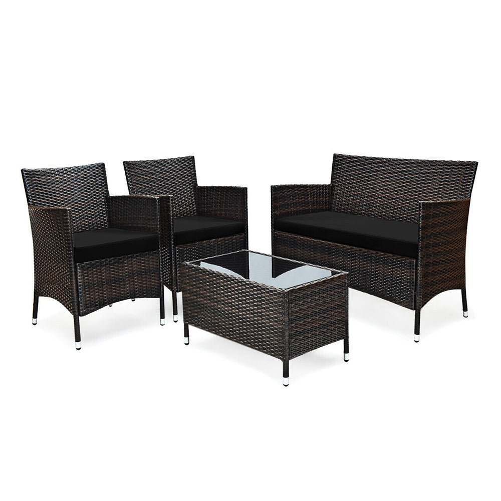 Outdoor furniture set with three chairs and a glass-top table on a white background