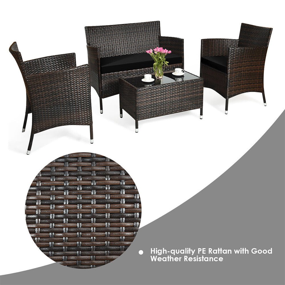 Outdoor furniture set with wicker chairs and table on a white background, featuring high-quality PE rattan.