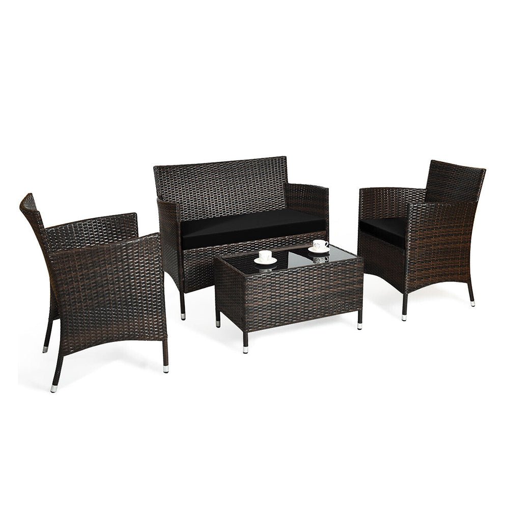 4‑Piece Outdoor Rattan Patio Furniture Set with Cushions & Coffee Table