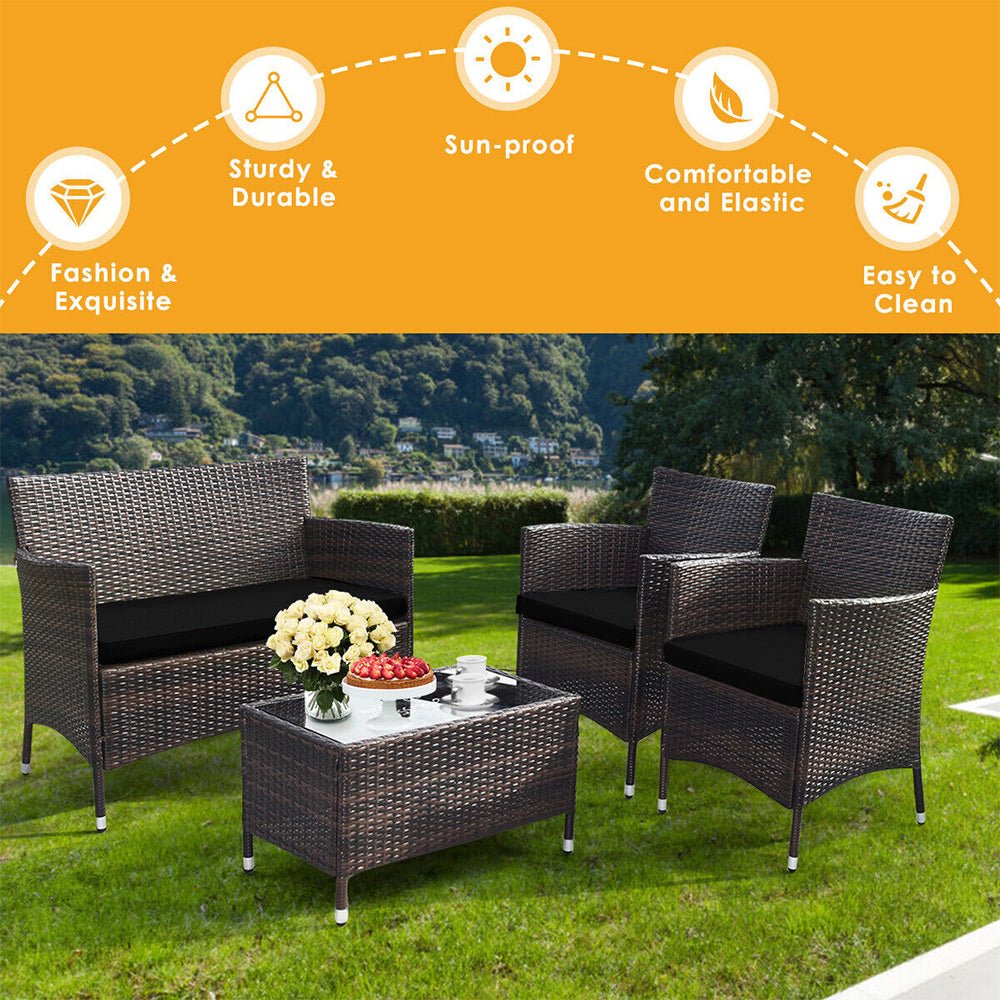 Outdoor patio furniture set with a table and chairs on grass, featuring durability and comfort features.
