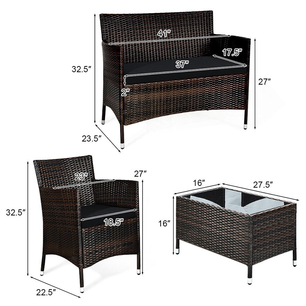 Wicker outdoor furniture set with dimensions on a white background