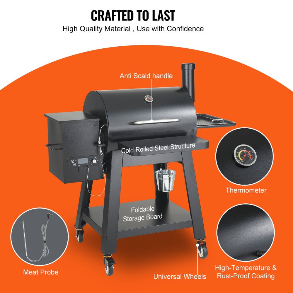 Grill with features highlighted on an orange background