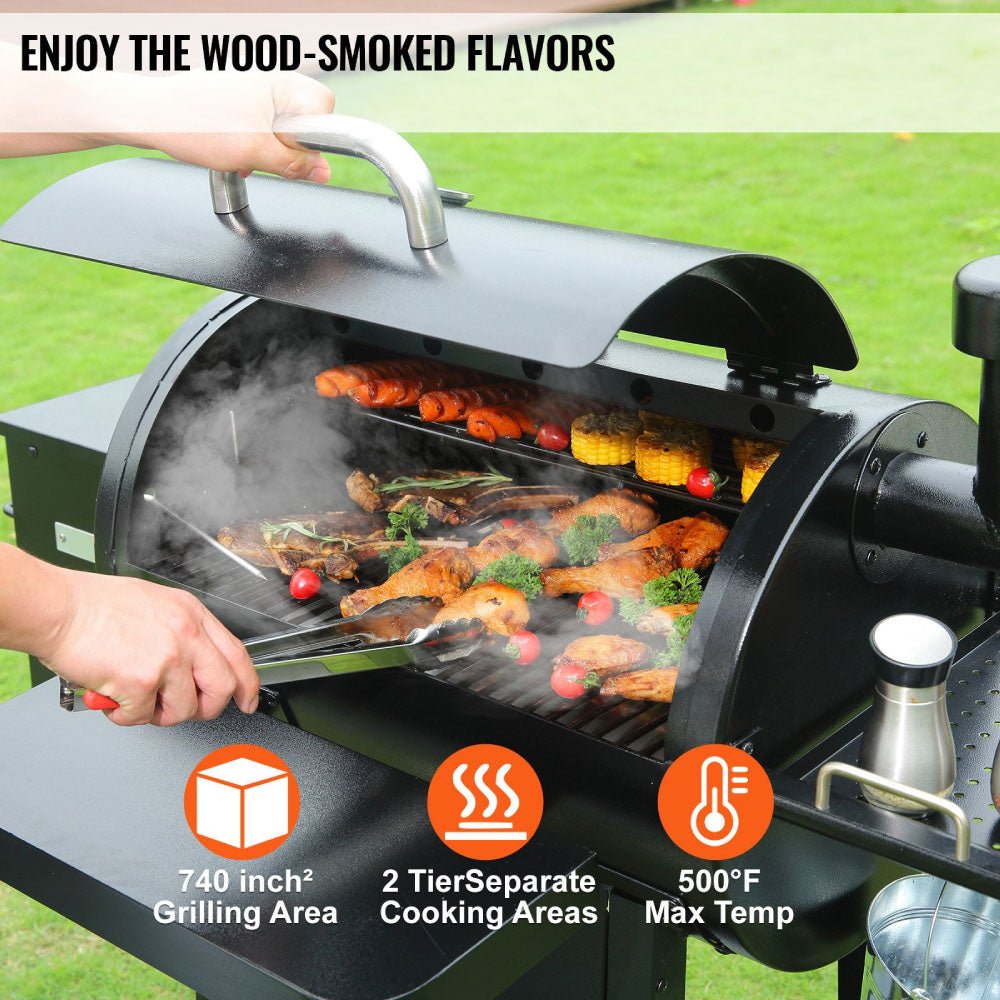 Grill with food being cooked, featuring text about wood-smoked flavors and grill specifications.