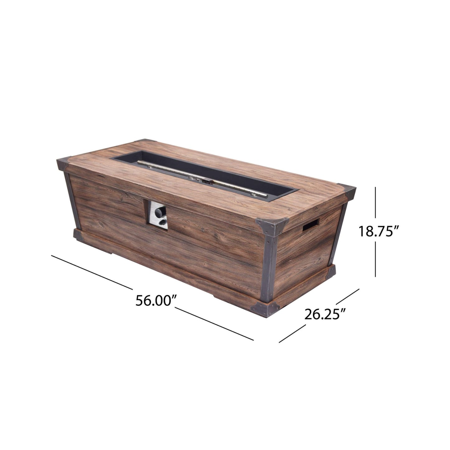 Wooden fire pit table with dimensions on a white background