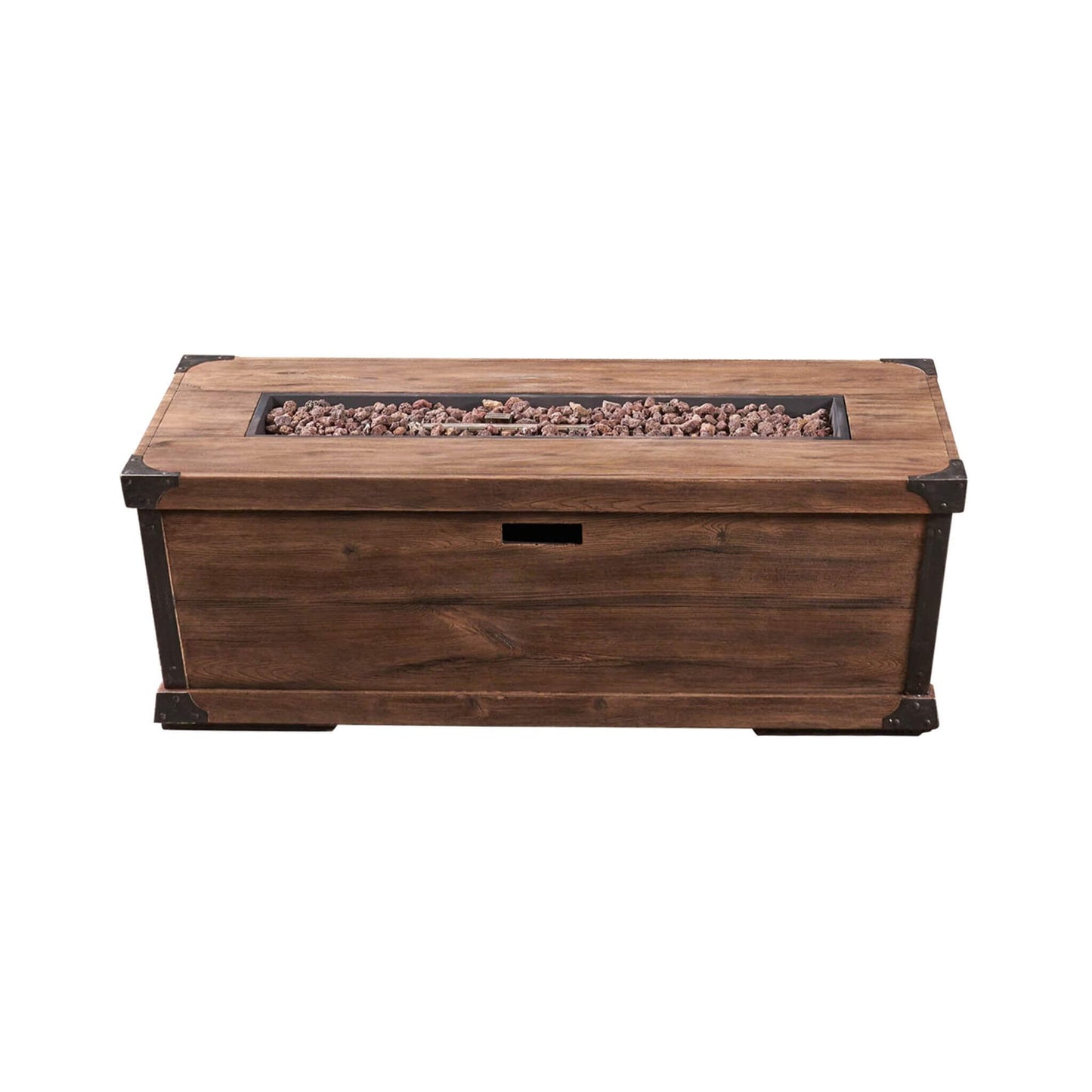 Wooden fire pit table with decorative elements on a white background