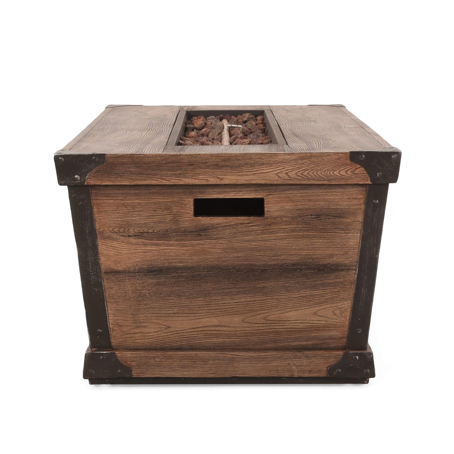Wooden fire pit table with a rustic design on a white background