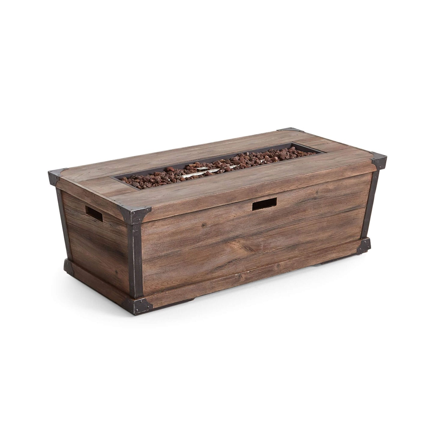 Wooden fire pit table with a white background