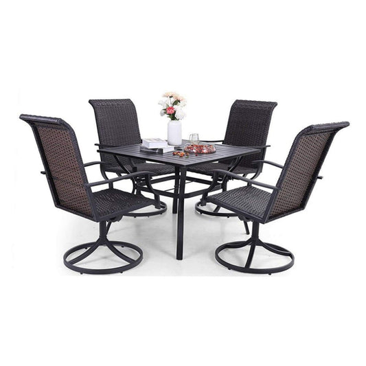 Black outdoor dining set with four swivel chairs on a white background