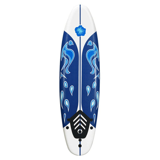 Blue and white surfboard with decorative patterns on a white background