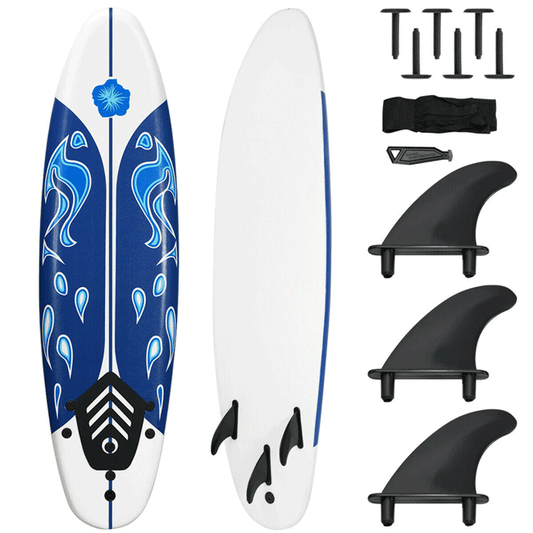 Two surfboards with blue and white designs, accompanied by black fins on a white background.