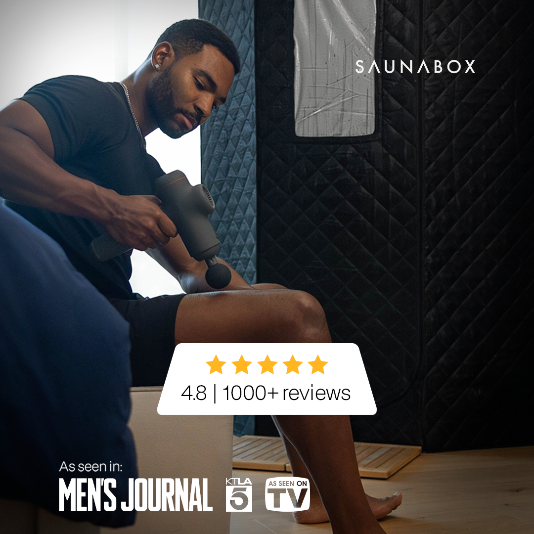 Man using a handheld device on his leg in front of a SaunaBox, with product rating and media mentions displayed.
