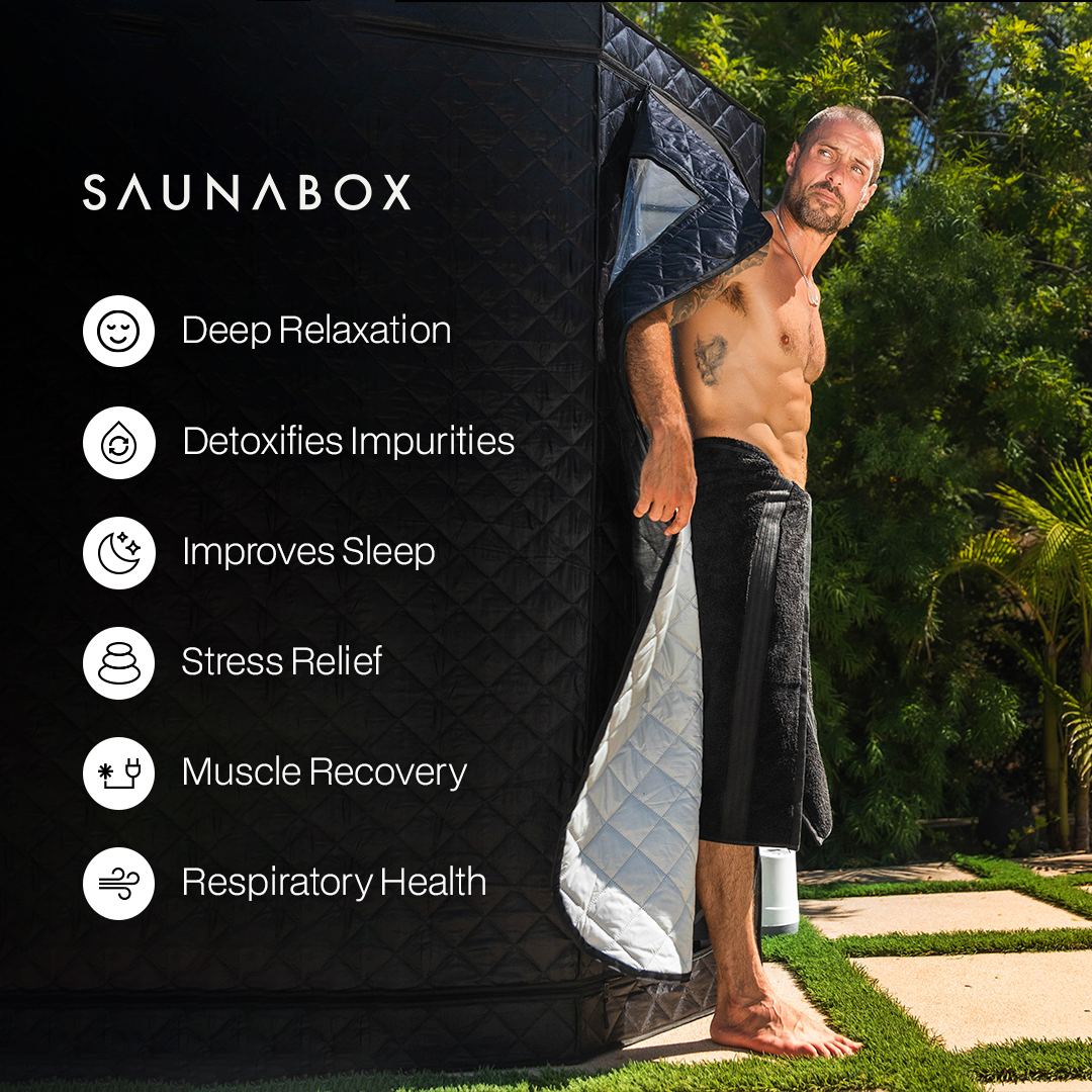 Man standing next to a black sauna tent with health benefits listed on a dark background