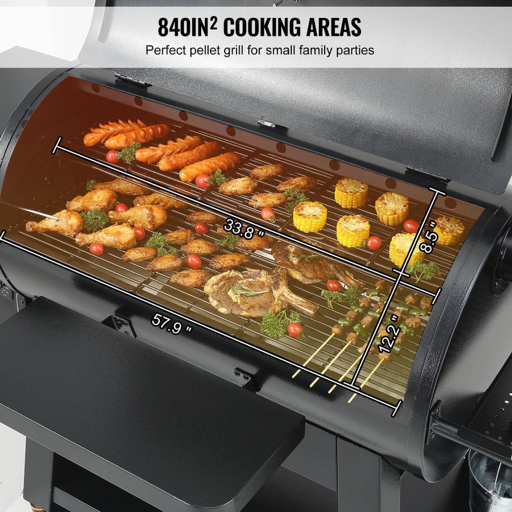 Pellet grill with food being cooked, showing cooking areas and dimensions.