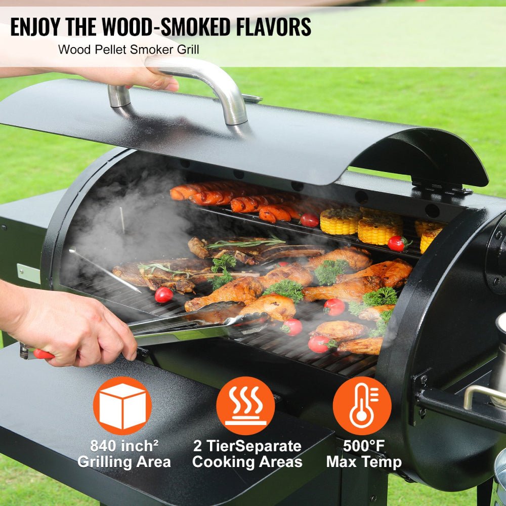 Wood pellet smoker grill with food being cooked, showing features like grilling area, temperature, and cooking areas.