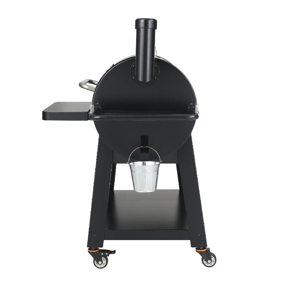 Black barbecue grill with a bucket on a white background