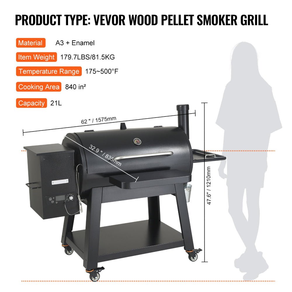 Vevor wood pellet smoker grill with dimensions and features on a white background