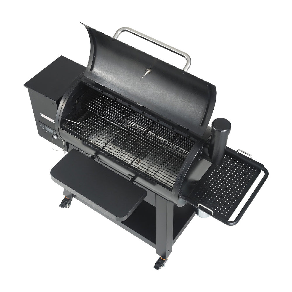 Black barbecue grill with open lid on a white background