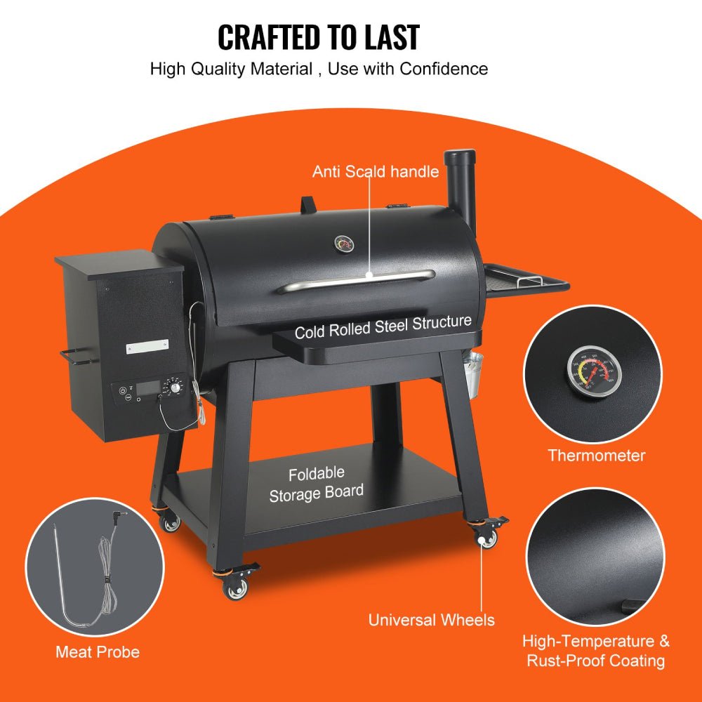 Black smoker grill with features highlighted on an orange background
