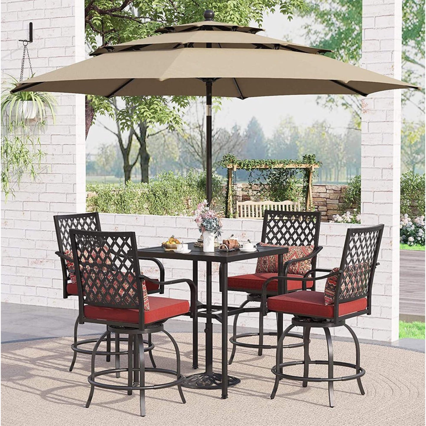 6‑Piece Outdoor Patio Bar Set with Dining Table, Umbrella, and Swivel Bar Stools (umbrella base not included)