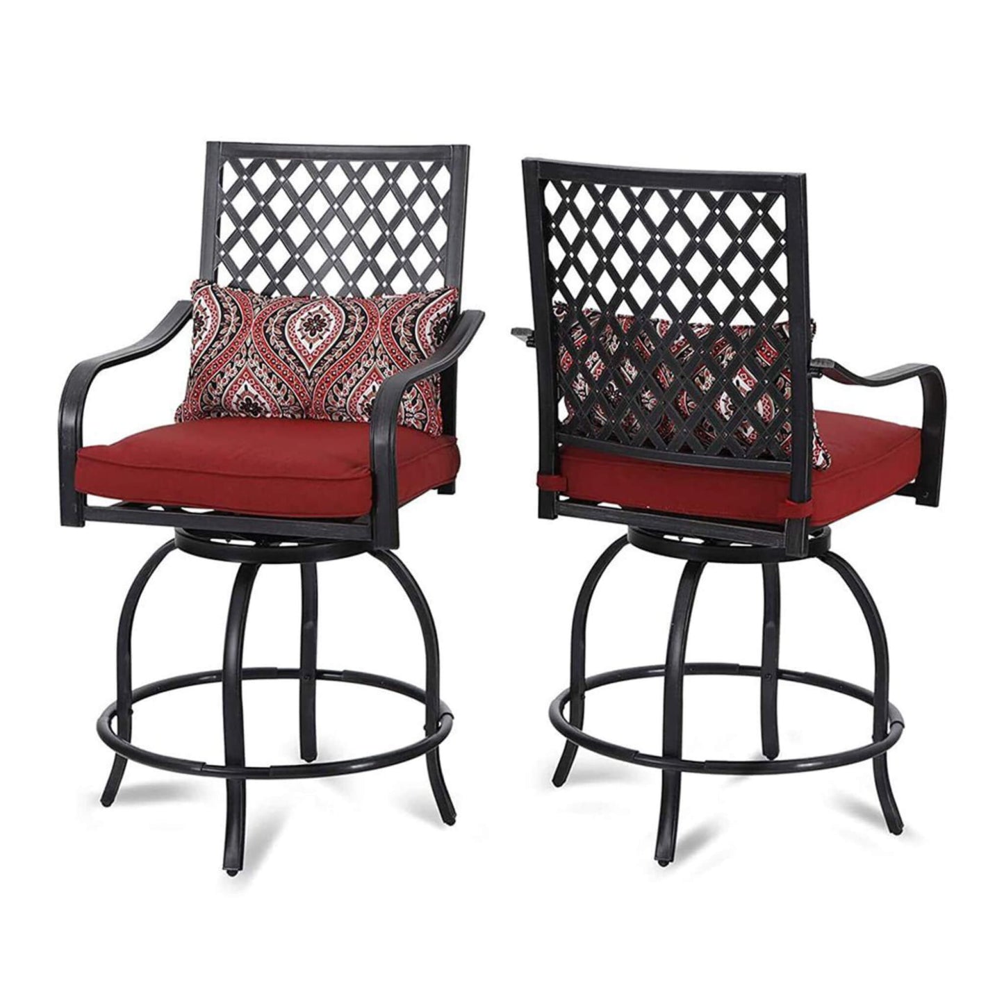 Two black metal bar stools with red cushions and patterned covers on a white background