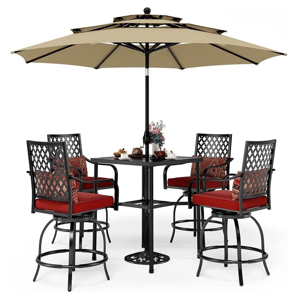 6‑Piece Outdoor Patio Bar Set with Dining Table, Umbrella, and Swivel Bar Stools (umbrella base not included)