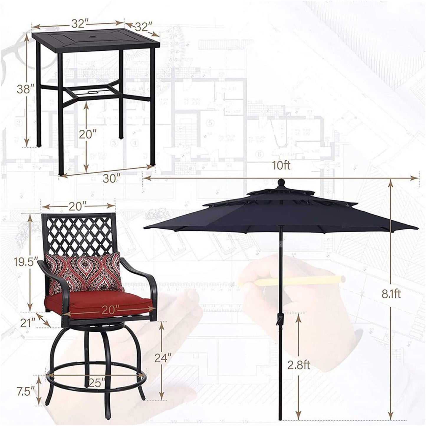 6‑Piece Outdoor Patio Bar Set with Dining Table, Umbrella, and Swivel Bar Stools (umbrella base not included)