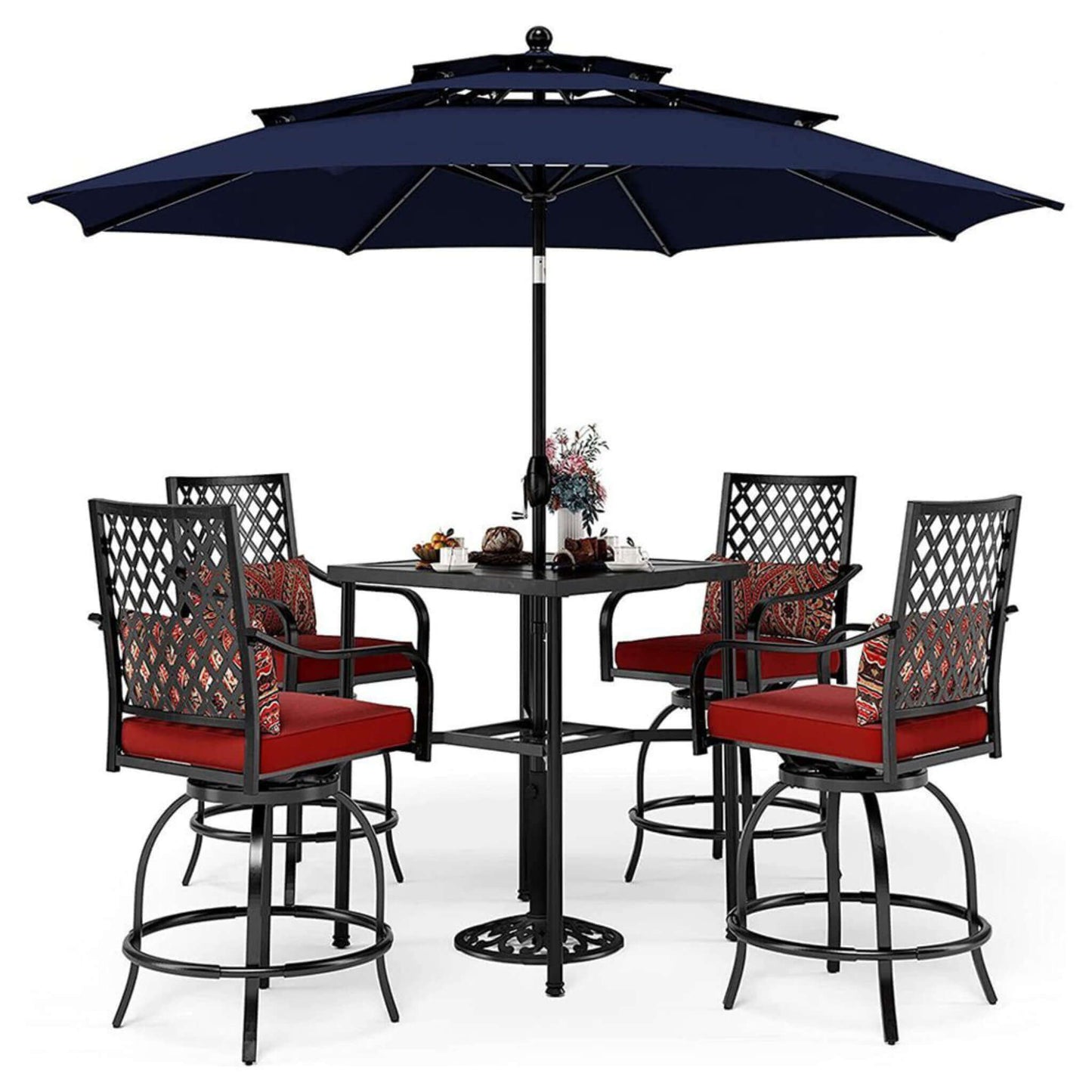 Outdoor patio set with table, chairs, and large umbrella on a white background