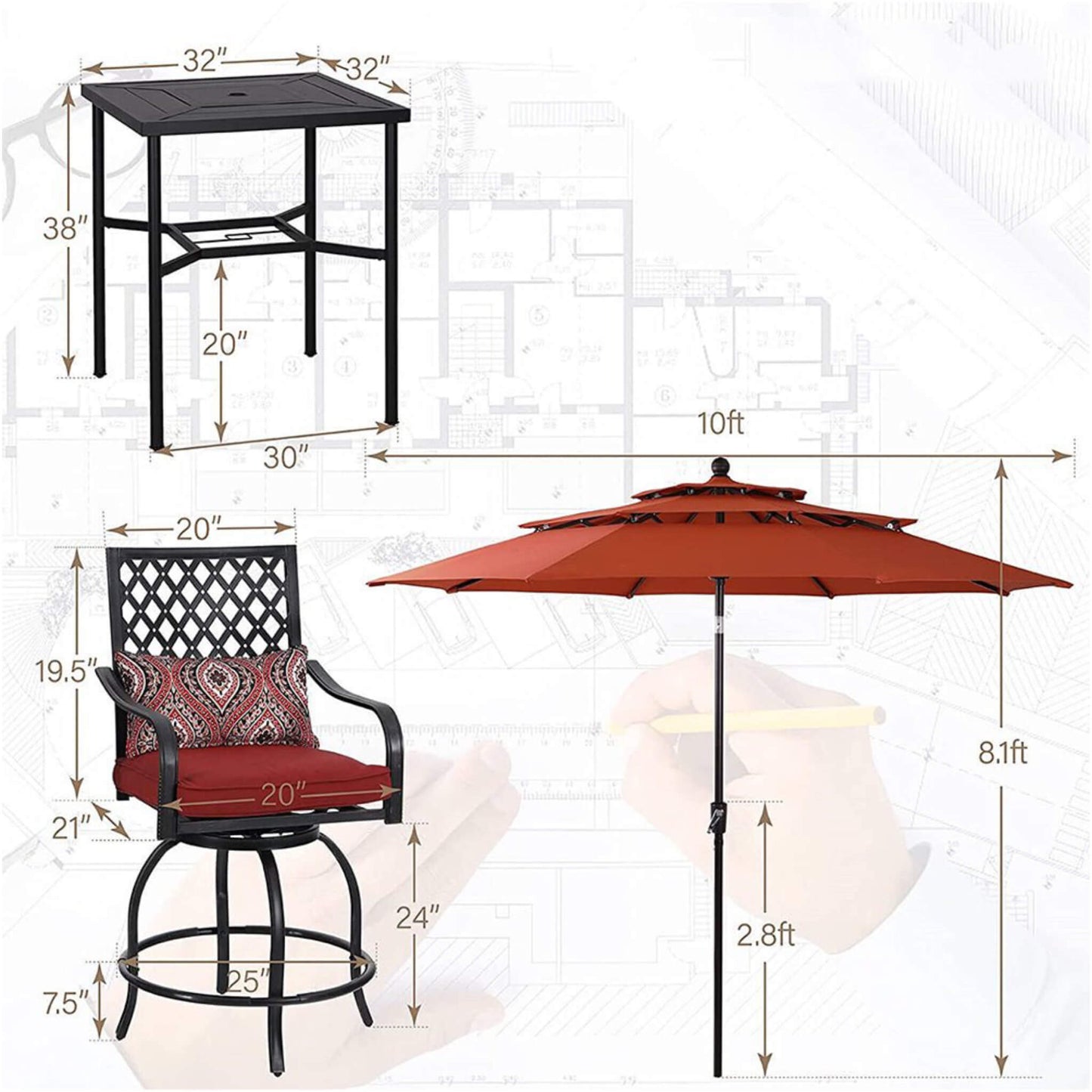 Outdoor furniture set with table, chair, and umbrella with dimensions on a white background