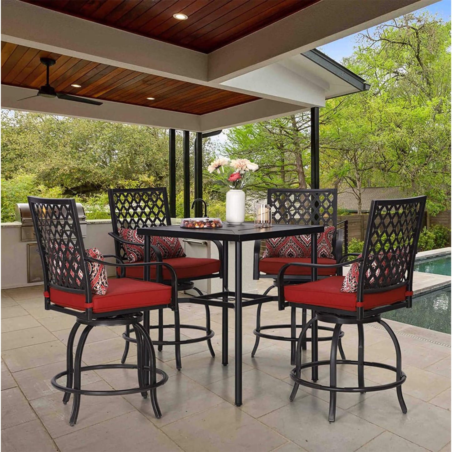 6‑Piece Outdoor Patio Bar Set with Dining Table, Umbrella, and Swivel Bar Stools (umbrella base not included)