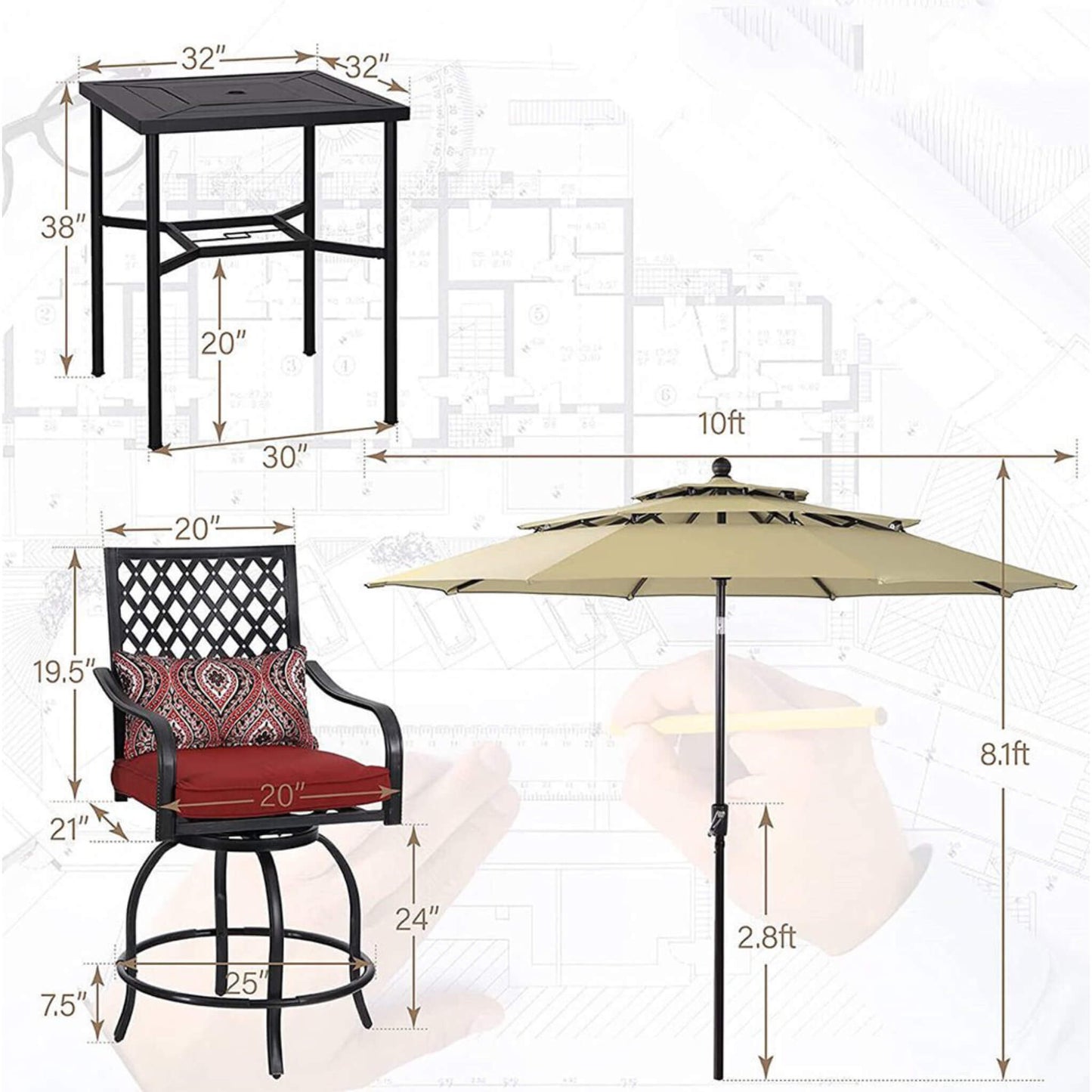 6‑Piece Outdoor Patio Bar Set with Dining Table, Umbrella, and Swivel Bar Stools (umbrella base not included)