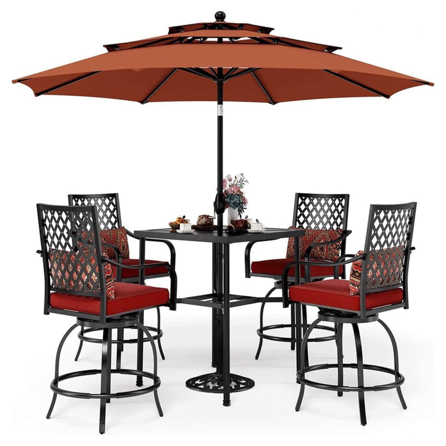 6‑Piece Outdoor Patio Bar Set with Dining Table, Umbrella, and Swivel Bar Stools (umbrella base not included)