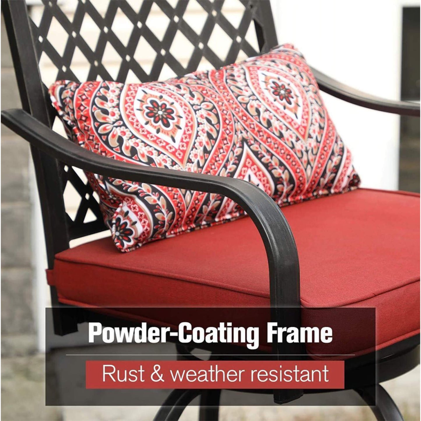 Chair with red cushion and patterned pillow, featuring a powder-coating frame label.