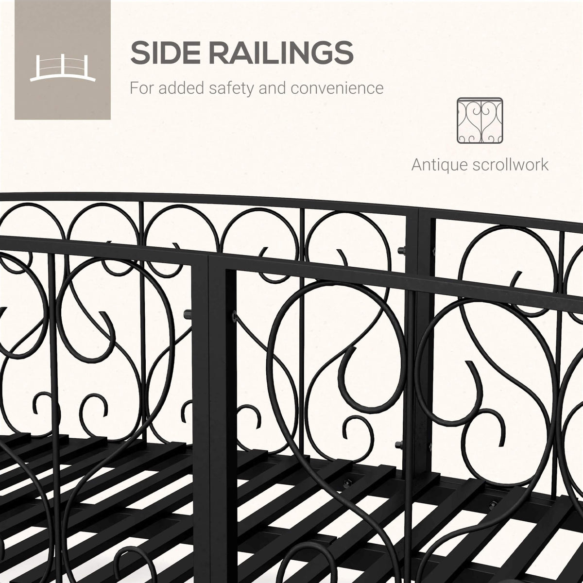 Black wrought iron side railings with antique scrollwork design on a white background.