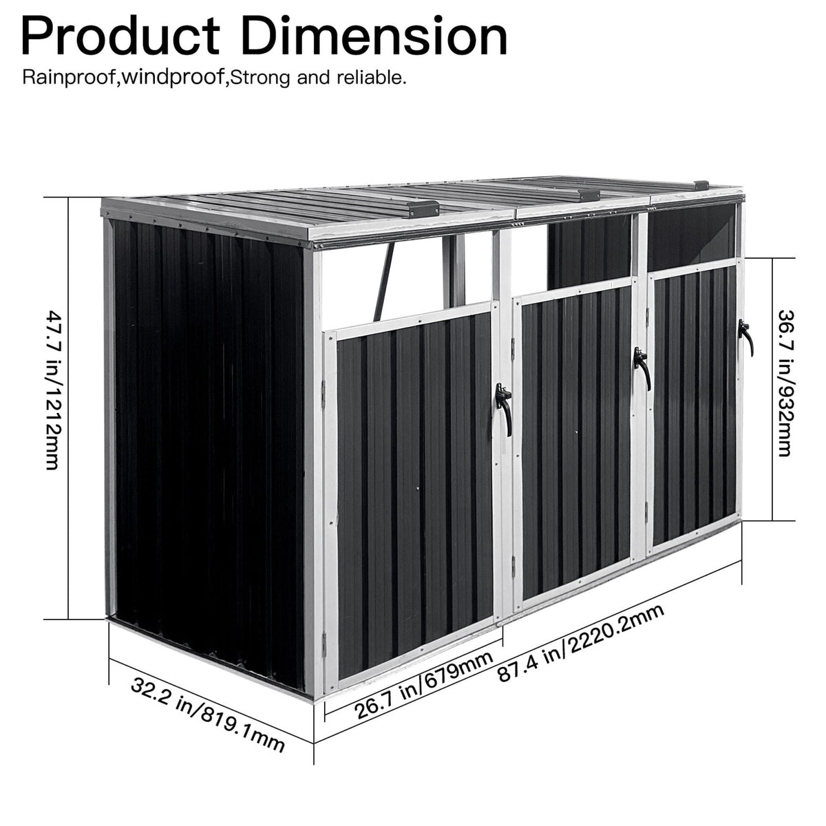 Dimensions of a black outdoor storage shed with text indicating features.