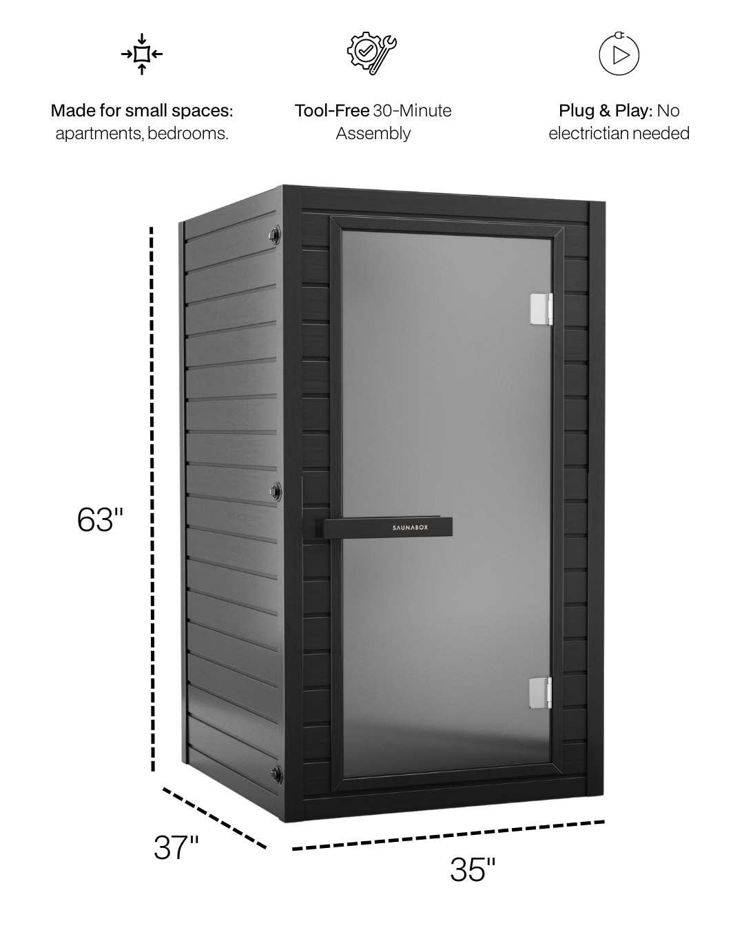 Black sauna with dimensions and features listed on a white background