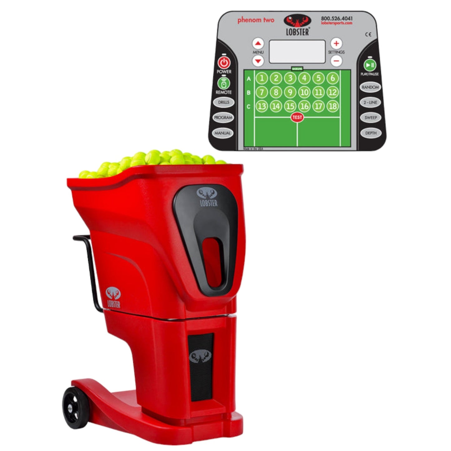 Red tennis ball machine with digital display on a white background