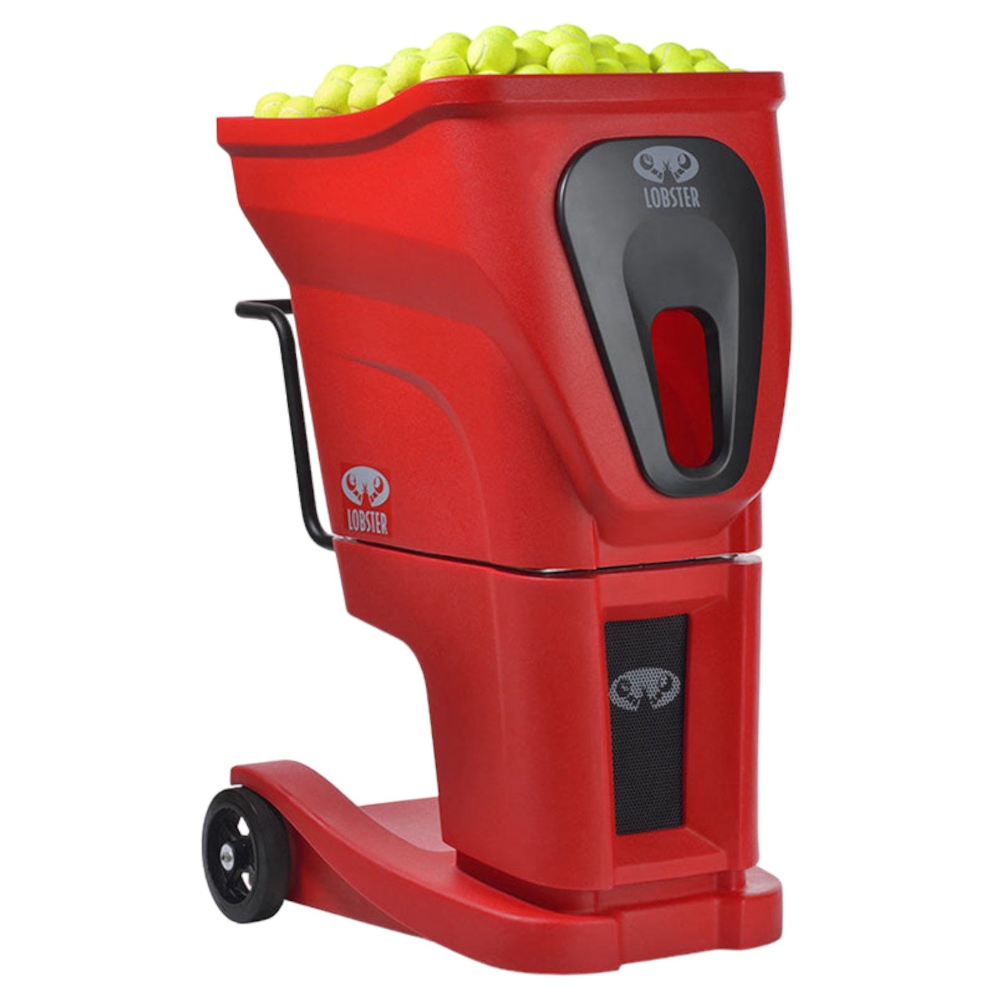 Red tennis ball machine with yellow balls on a white background