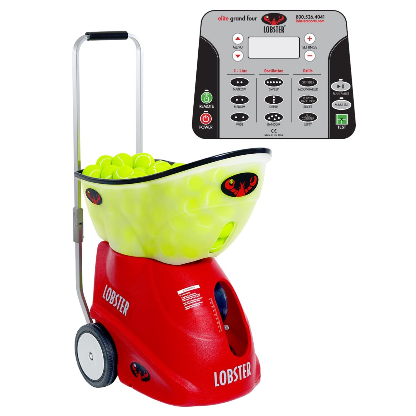 A red Lobster brand tennis ball machine with a black control panel, loaded with yellow tennis balls, on wheels for mobility.
