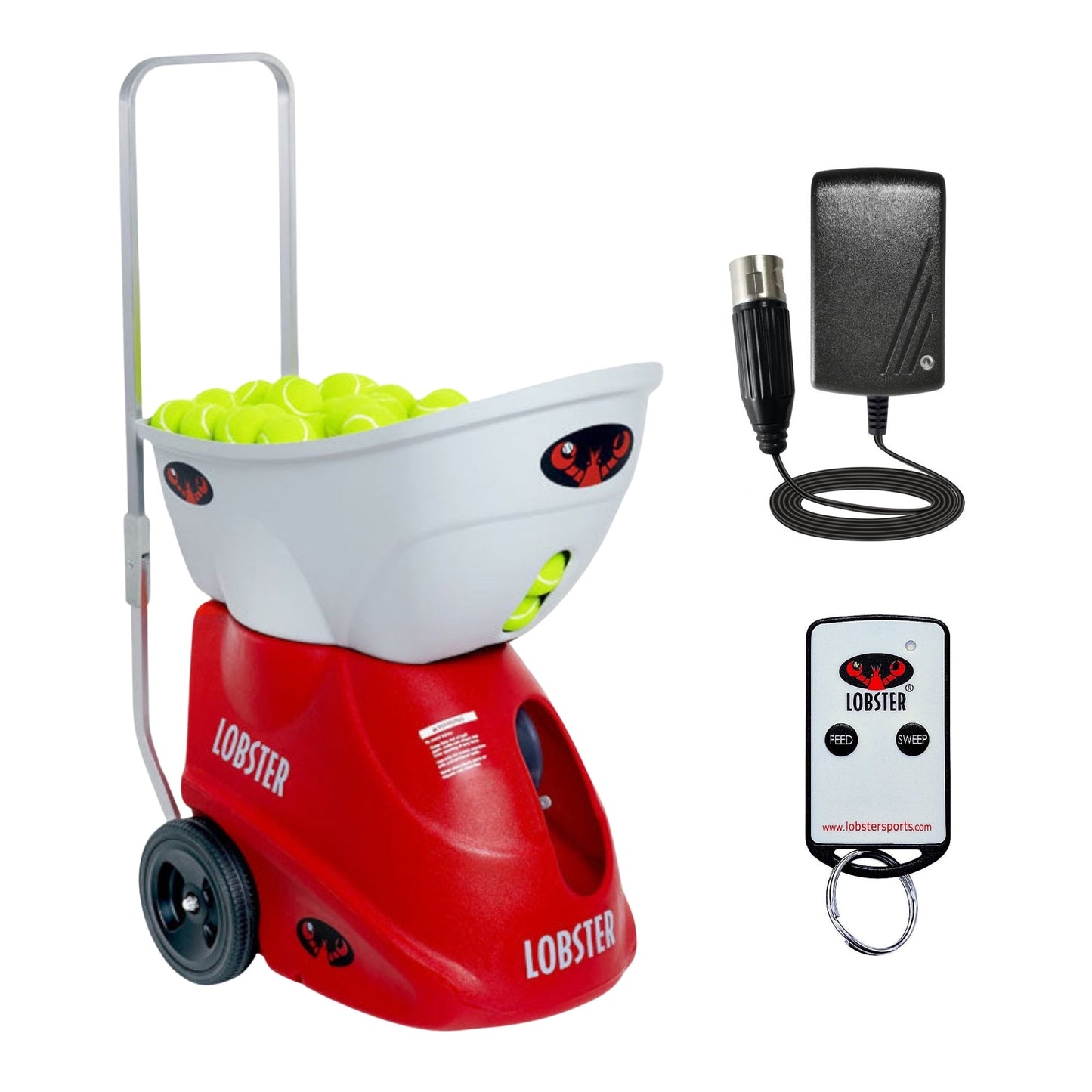 Red and white tennis ball machine with wheels, filled with balls, and remote control on a white background.