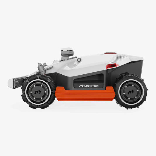 Robotic lawn mower with 'Ammotion' branding on a white background