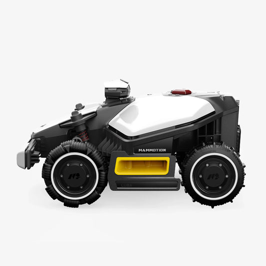 Robotic lawn mower with 'Mammotion' branding on a white background