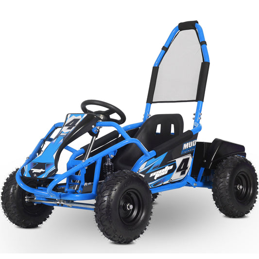 Blue MotoTec Mud Monster Go-Kart speeding across a dirt trail with a young rider