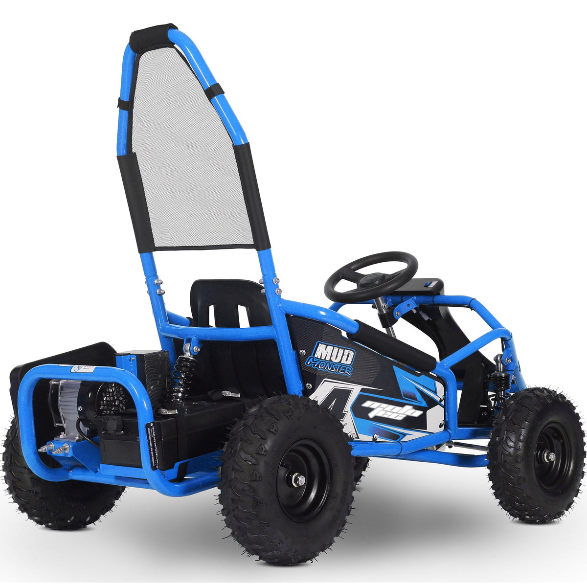 Rear view of MotoTec Mud Monster Go-Kart showcasing pneumatic tires and hydraulic shock