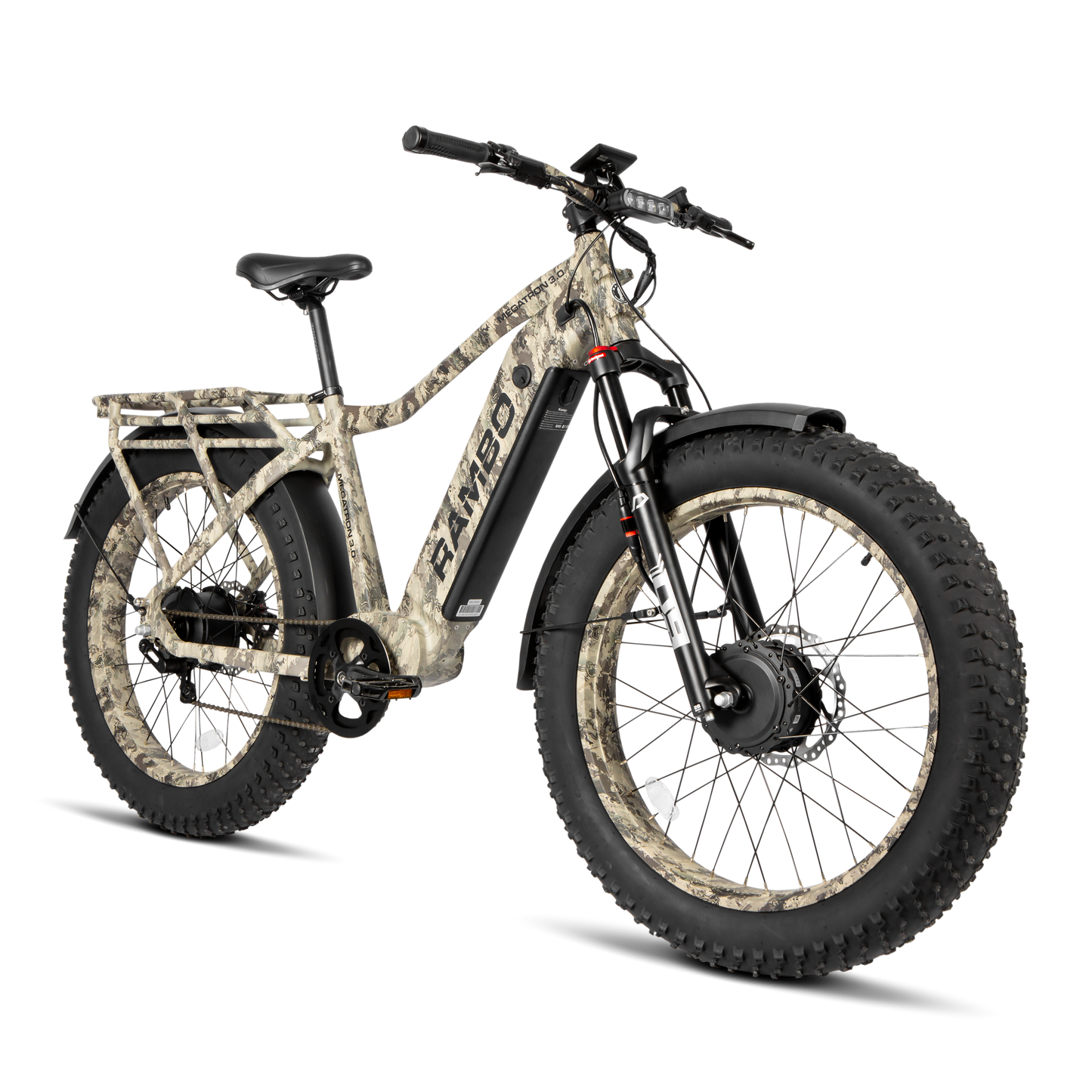 Rambo Megatron 4.0 AWD E-Bike powering through muddy trail with dual motors
