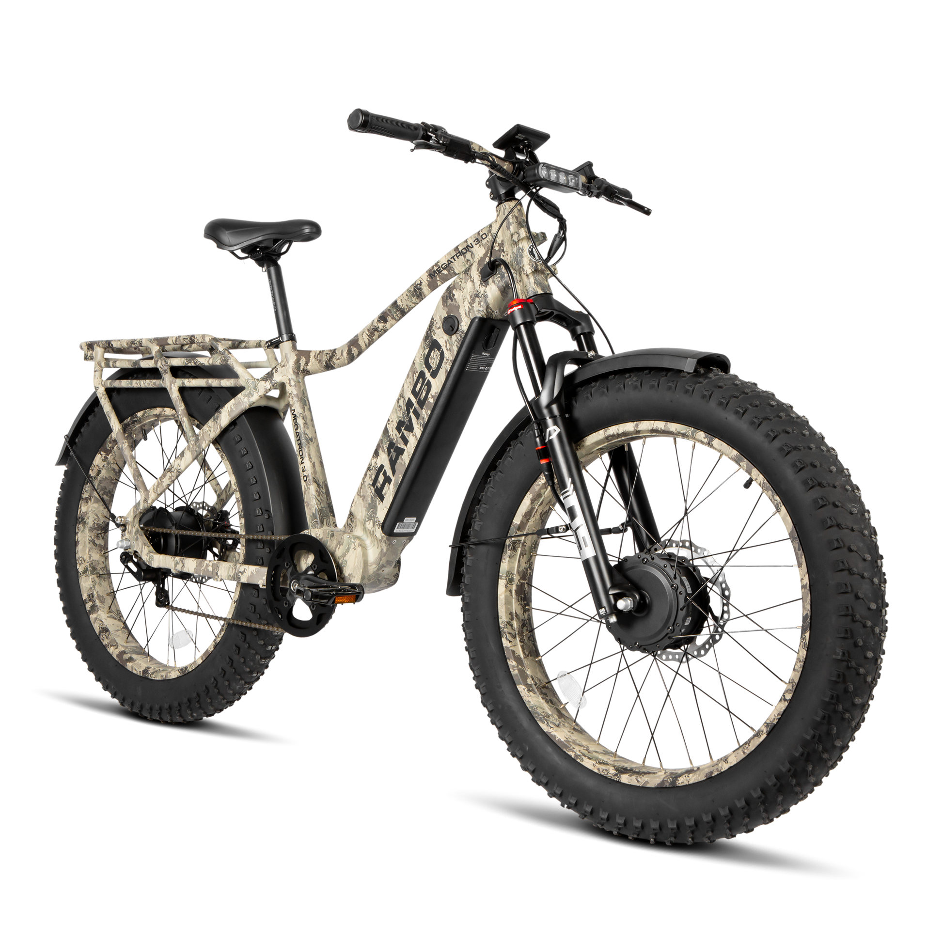 Rambo Megatron 4.0 AWD E-Bike powering through muddy trail with dual motors