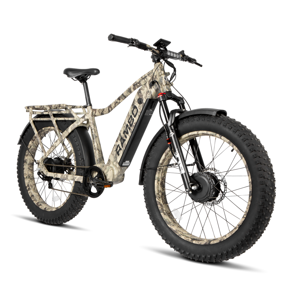 Rambo Megatron 4.0 AWD E-Bike powering through muddy trail with dual motors