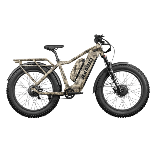 "Rambo Megatron 4.0 Beast Edition AWD e-bike powering through muddy trail in camo"