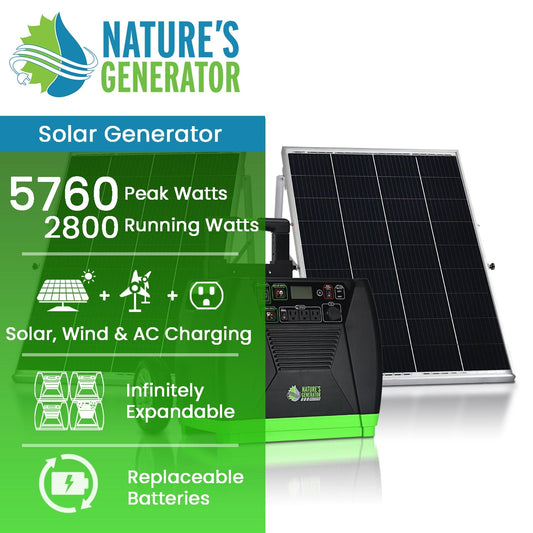 Nature's Generator solar generator with solar panel on a white background